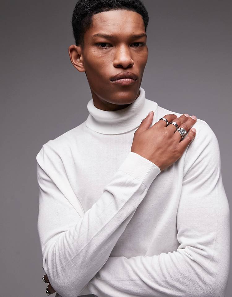 Topman knit sweater with roll neck in white